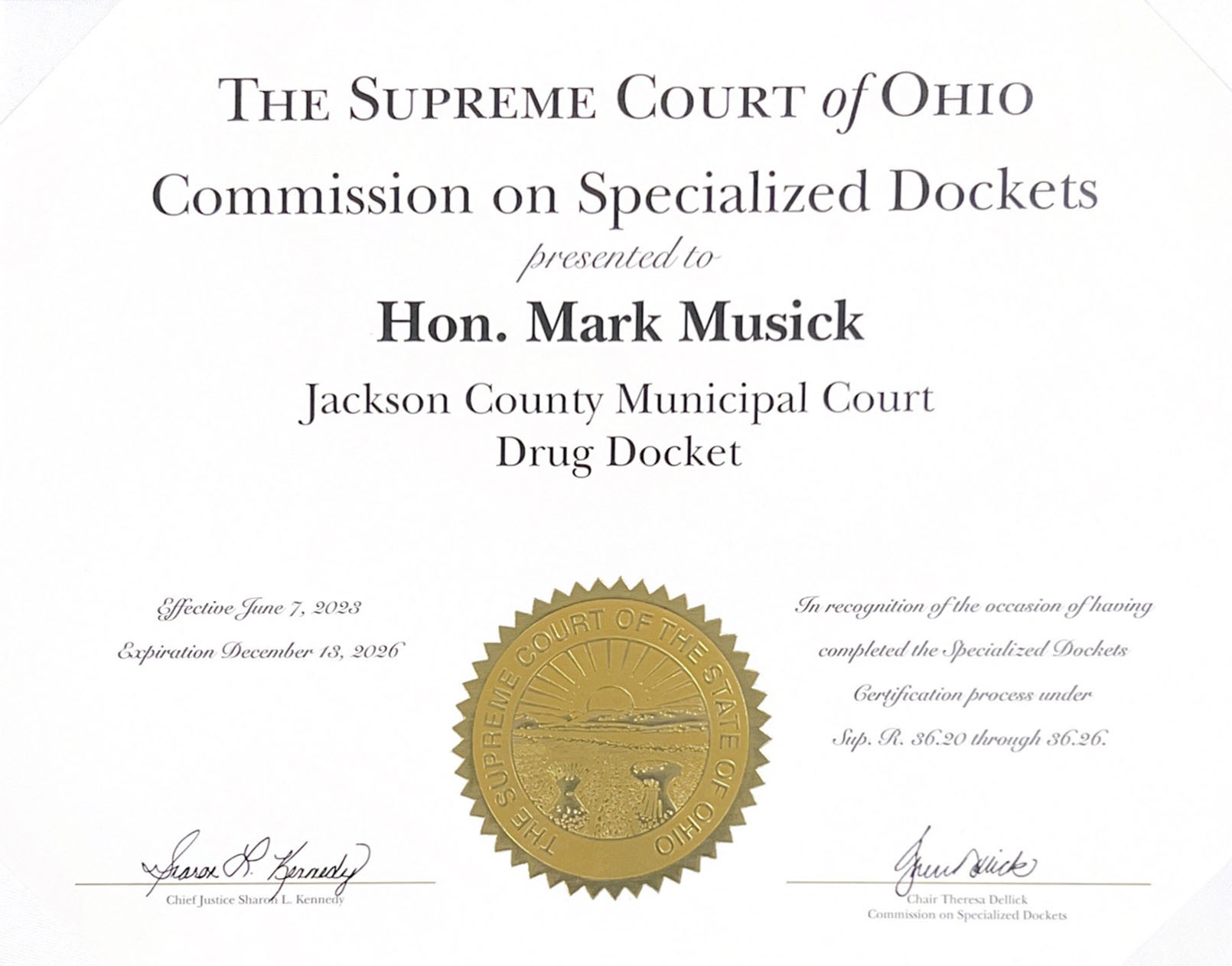 Certificate of Specialized Docket